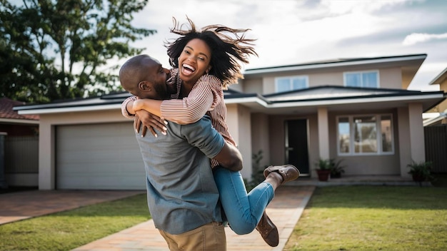 a man and woman are hugging each other and the woman is wearing a gray shirt