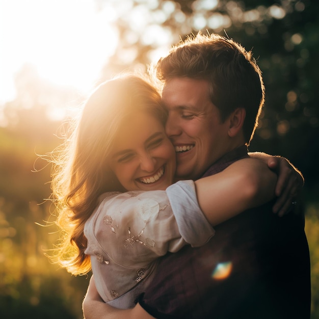 a man and woman are hugging and smiling friendship day