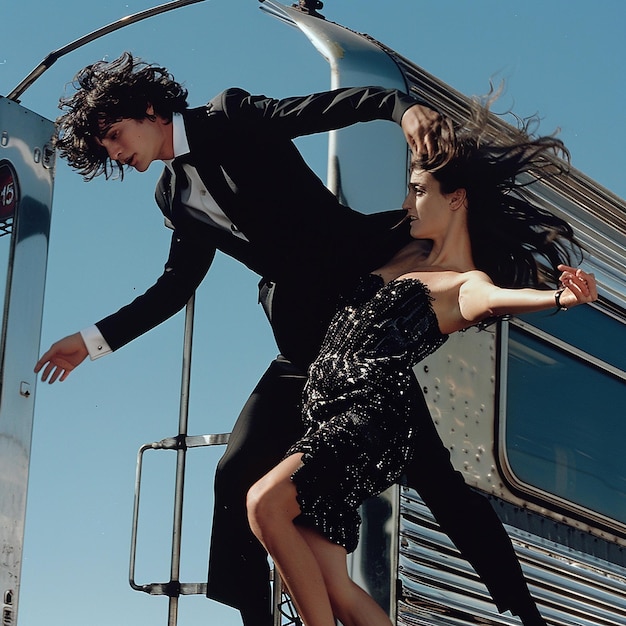 a man and a woman are jumping in front of a train