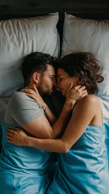 a man and woman are kissing in bed the woman is wearing a blue shirt