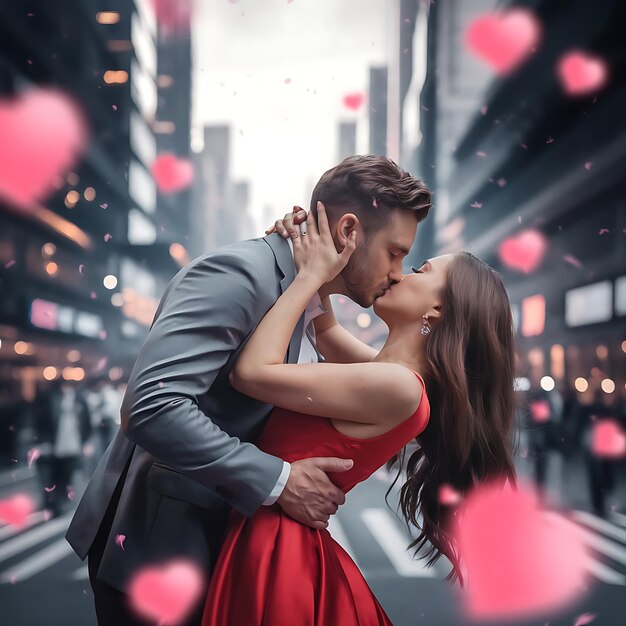 a man and woman are kissing in the city with balloons in the background