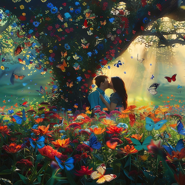 a man and woman are kissing in a field of flowers