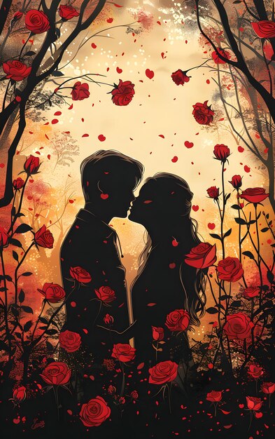 A man and a woman are kissing in a field of red roses