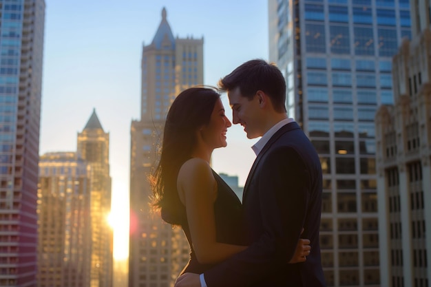 a man and a woman are kissing in front of a city skyline