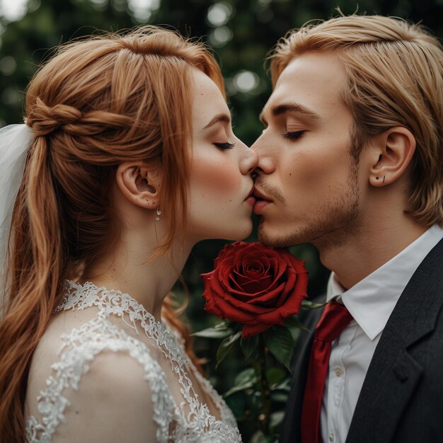 a man and woman are kissing in front of a rose