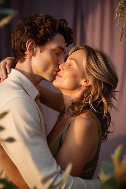 a man and woman are kissing in front of a wall with a woman kissing them