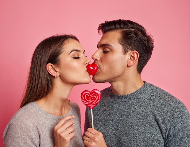 A man and a woman are kissing holding heartshaped lollipops in their hands