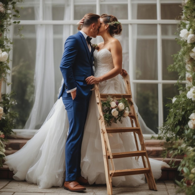 Photo a man and woman are kissing on a ladder in front of a window