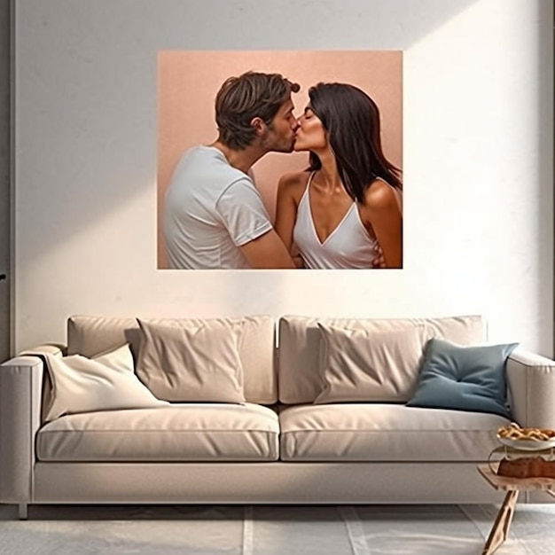 A man and woman are kissing in a photo on a wall.