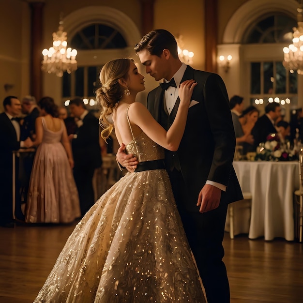 a man and woman are kissing in a room with a table cloth and a chandelier behind them