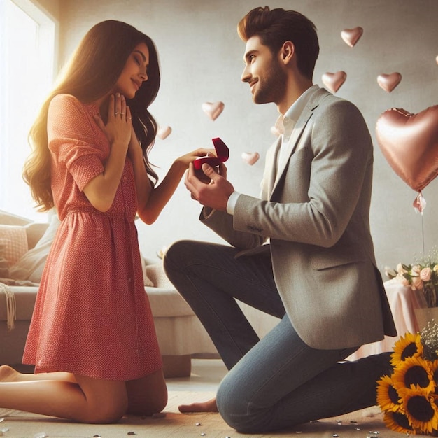 a man and woman are kneeling on the floor and the woman is wearing a ring that says quot love quot