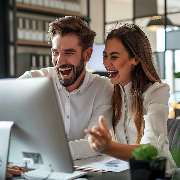 a man and woman are laughing and laughing with a laptop