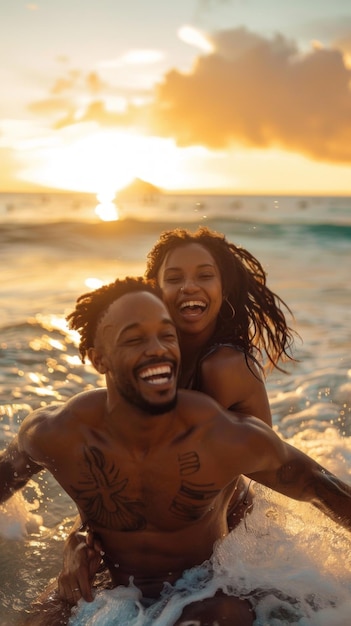 A man and woman are laughing and playing in the ocean