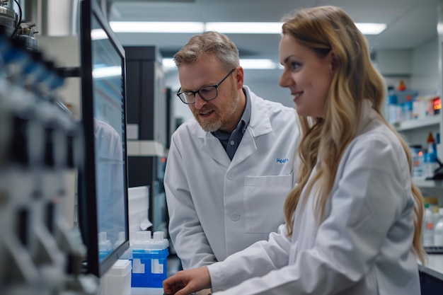 a man and a woman are looking at a bottle of water