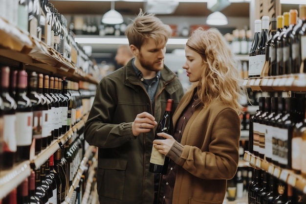 a man and a woman are looking at a bottle of wine