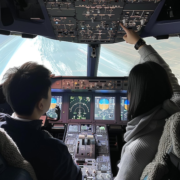 Photo a man and woman are looking at the camera while sitting in a plane