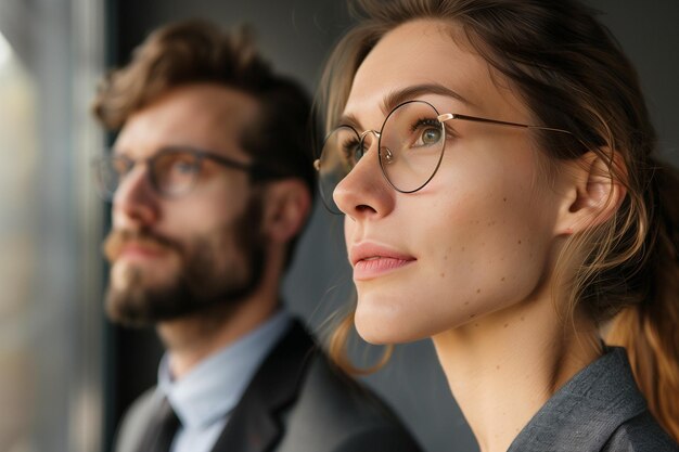 a man and woman are looking at the camera