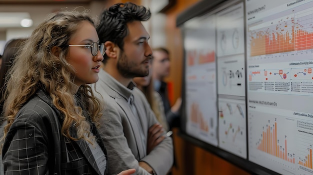 a man and woman are looking at a chart that says quot graph quot