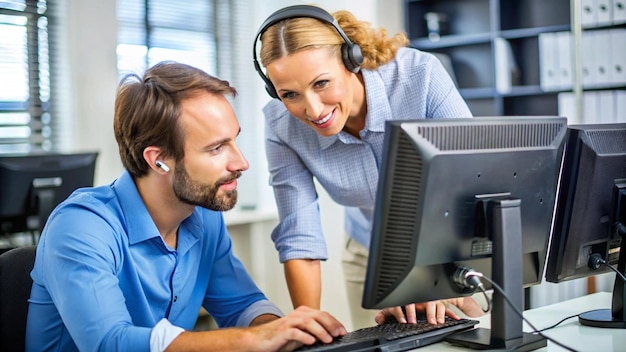 a man and woman are looking at a computer screen with the word  on it