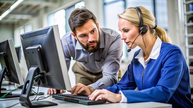 Photo a man and woman are looking at a computer screen