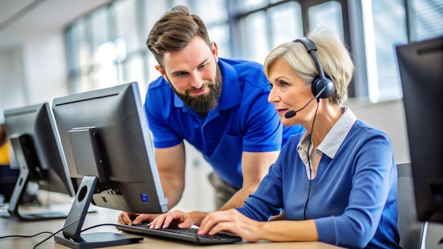 a man and woman are looking at a computer screen