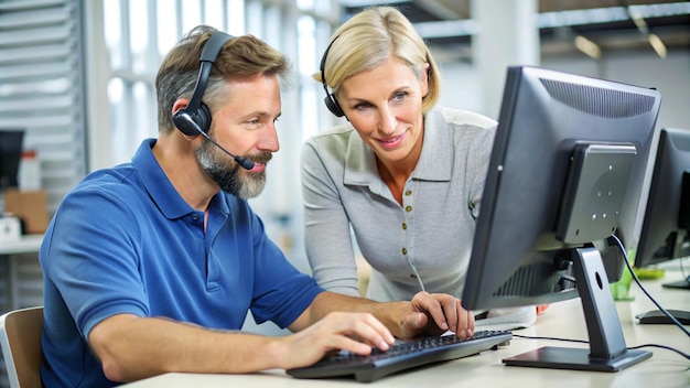 Photo a man and woman are looking at a computer screen