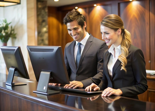 a man and woman are looking at a computer screen