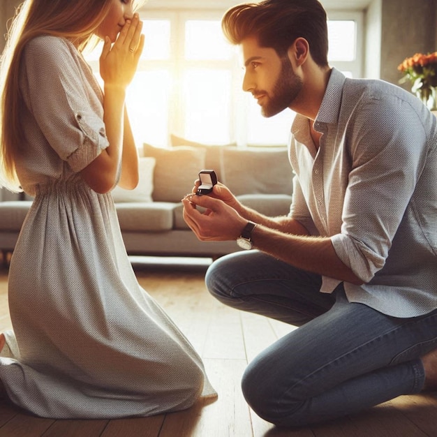 a man and woman are looking at a diamond ring