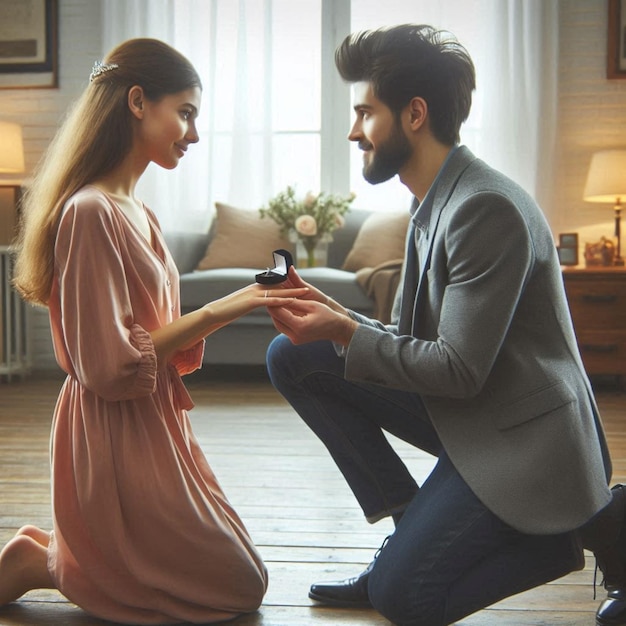 a man and woman are looking at a diamond ring