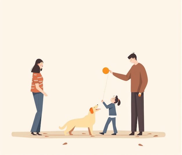 a man and a woman are looking at a dog with a balloon that says  the dog is a dog