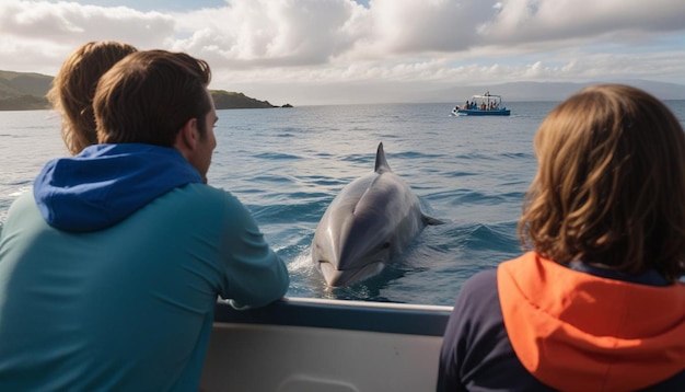 Photo a man and a woman are looking at a dolphin