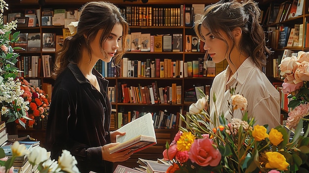 a man and a woman are looking at each other in a library