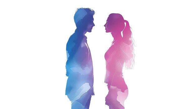 Photo a man and a woman are looking at each other and the silhouette of them is blue and pink