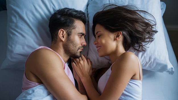 a man and woman are looking at each other and they are both smiling