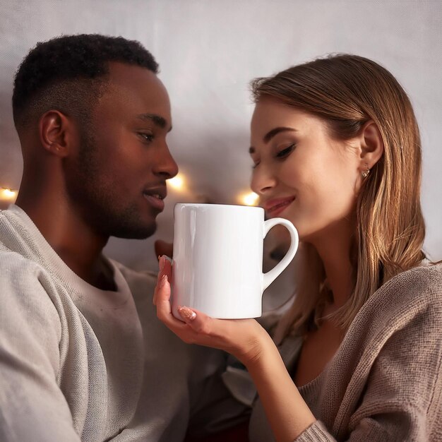 Photo a man and woman are looking at each other and the woman is holding a cup with the word  on it