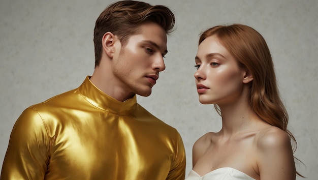 a man and woman are looking at each other and the woman is wearing a gold dress