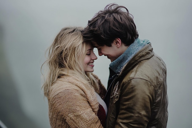 Photo a man and woman are looking at each other and the woman is wearing a scarf