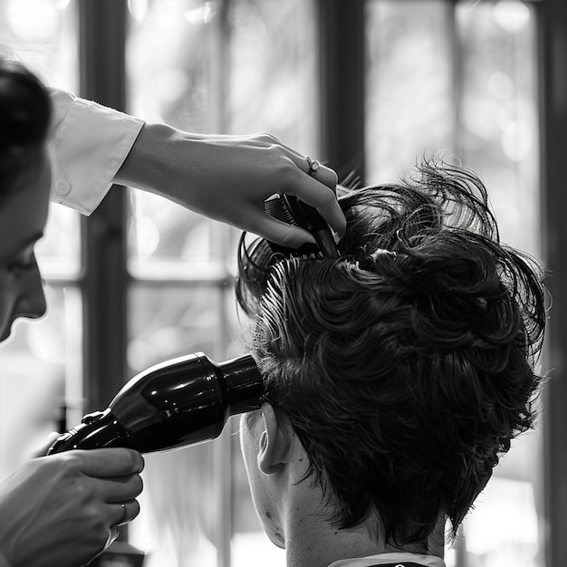 Photo a man and a woman are looking at a hair dryer