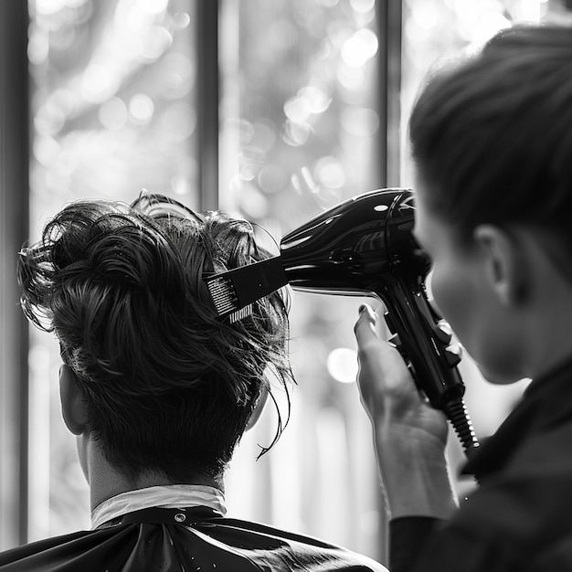 Photo a man and a woman are looking at a hair dryer