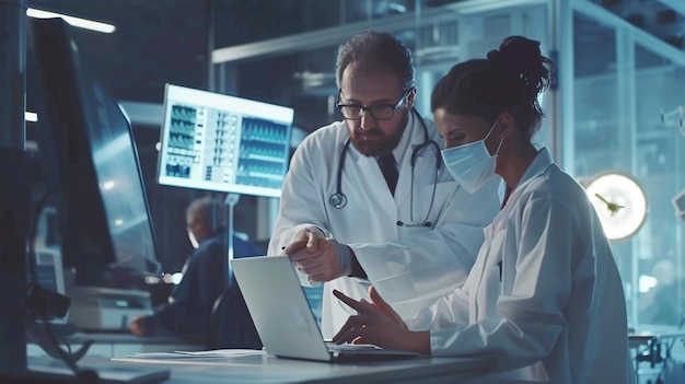 Photo a man and a woman are looking at a laptop screen