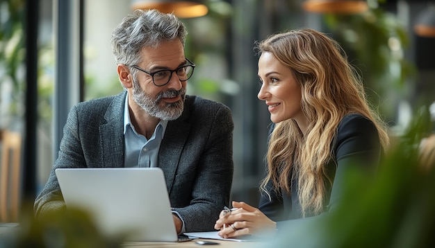 Photo a man and woman are looking at a laptop and smiling