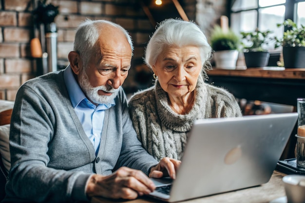 A man and woman are looking at a laptop together