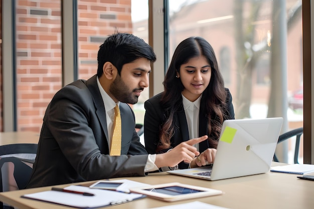 a man and woman are looking at a laptop with a sticker on the screen