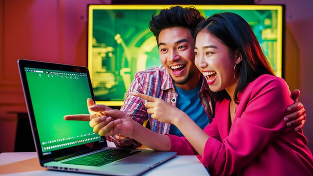 a man and woman are looking at a laptop with the word quot on it