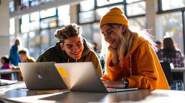 Photo a man and a woman are looking at a laptop