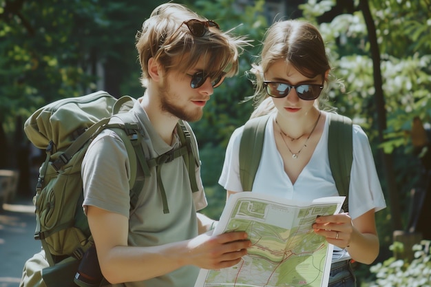 Photo a man and a woman are looking at a map