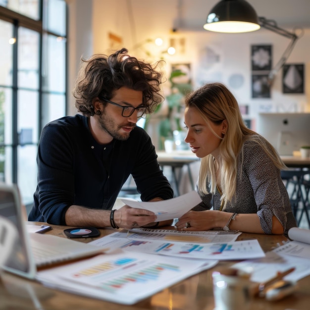 a man and a woman are looking at a paper that saysthe word graphon it