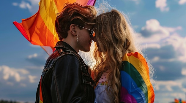 a man and a woman are looking at a rainbow colored rainbow flag