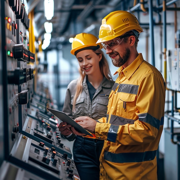 a man and a woman are looking at a tablet in a factory