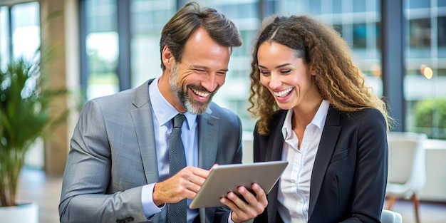 a man and woman are looking at a tablet that says smart